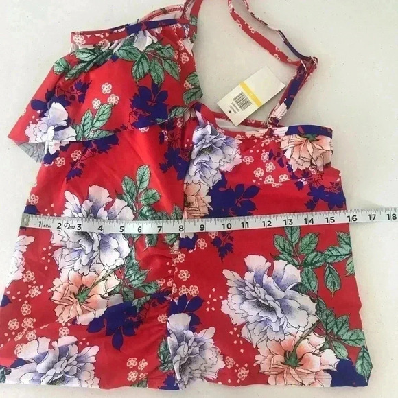 CLEANWATER Red Floral Ruffle Keyhole Tankini Swim Top - SZ Womens Medium - NWT - Picture 4 of 7